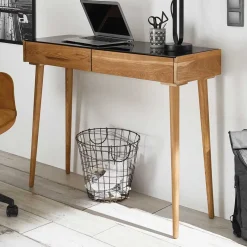Discount Wohnen Scandi Schreibtisch mit Schwarzglas Platte - Floyda