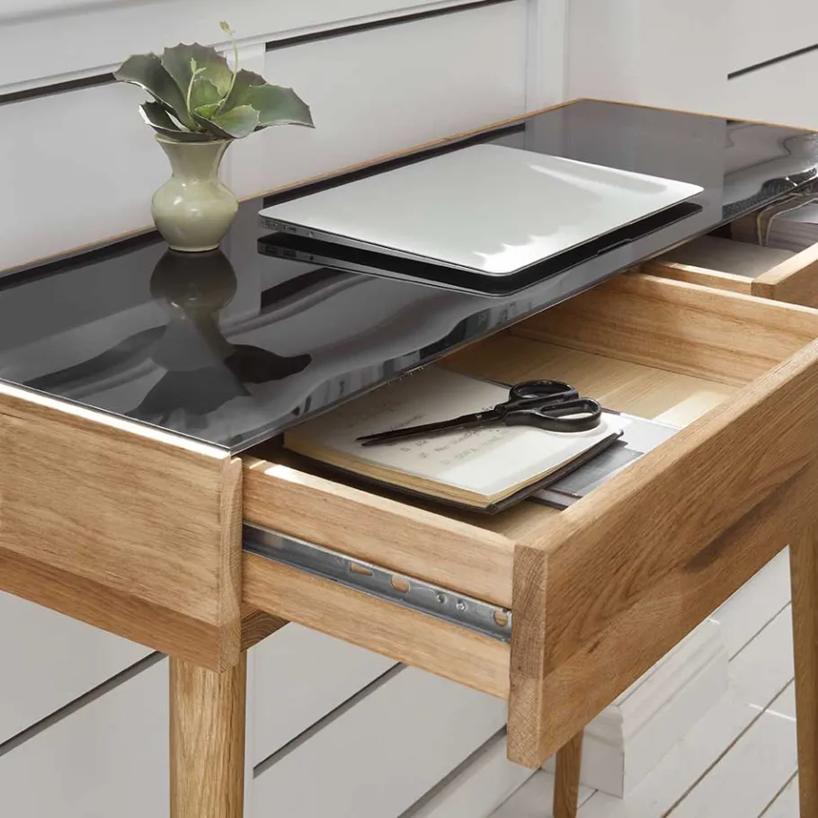 Discount Wohnen Scandi Schreibtisch mit Schwarzglas Platte - Floyda