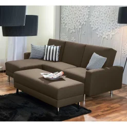 Outlet Wohnen Schlafcouch mit Hocker in Beigegrau mit Chrom - Defelira (zweiteilig)