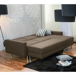 Outlet Wohnen Schlafcouch mit Hocker in Beigegrau mit Chrom - Defelira (zweiteilig)