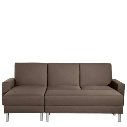 Outlet Wohnen Schlafcouch mit Hocker in Beigegrau mit Chrom - Defelira (zweiteilig)