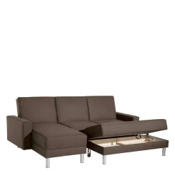 Outlet Wohnen Schlafcouch mit Hocker in Beigegrau mit Chrom - Defelira (zweiteilig)