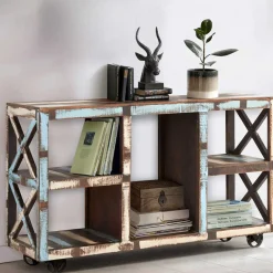 Discount Wohnen Shabby Chic Regal auf Industry Style Metall Rädern - Folivia