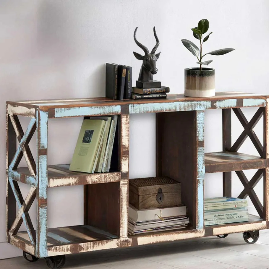 Discount Wohnen Shabby Chic Regal auf Industry Style Metall Rädern - Folivia