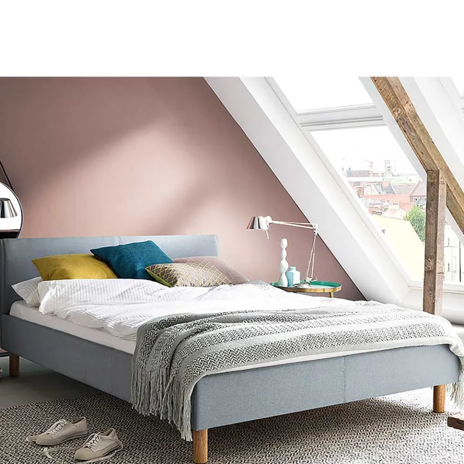 Discount Wohnen Skandinavisches Polsterbett in Hellblau Webstoff - Ortava