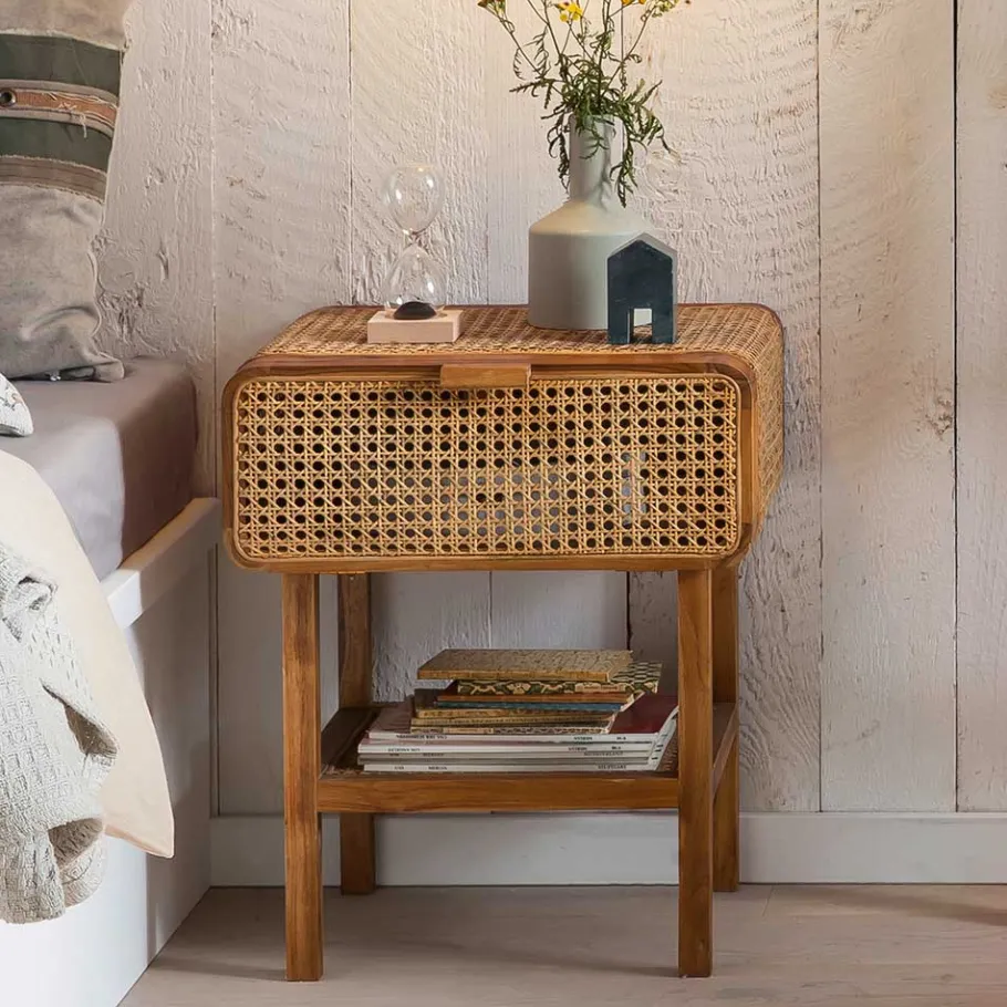 Clearance Wohnen Teak Holz Nachtkommode mit Wiener Geflecht - Teako