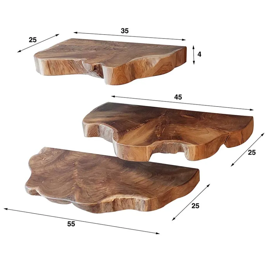 Outlet Wohnen Teak Wandboard Trio mit Naturkanten - Matthis (dreiteilig)