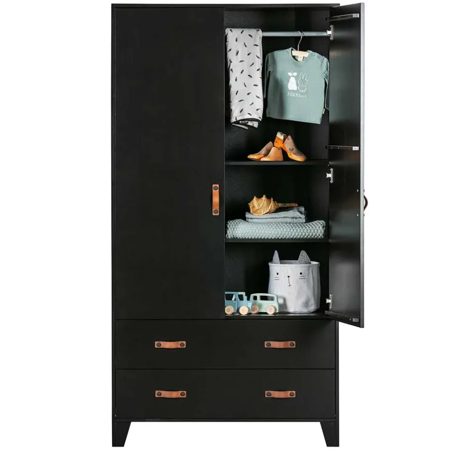 Outlet Wohnen Teilmassiver 94x180x40 Kiefernholz Kleiderschrank in Schwarz - Ilvessino