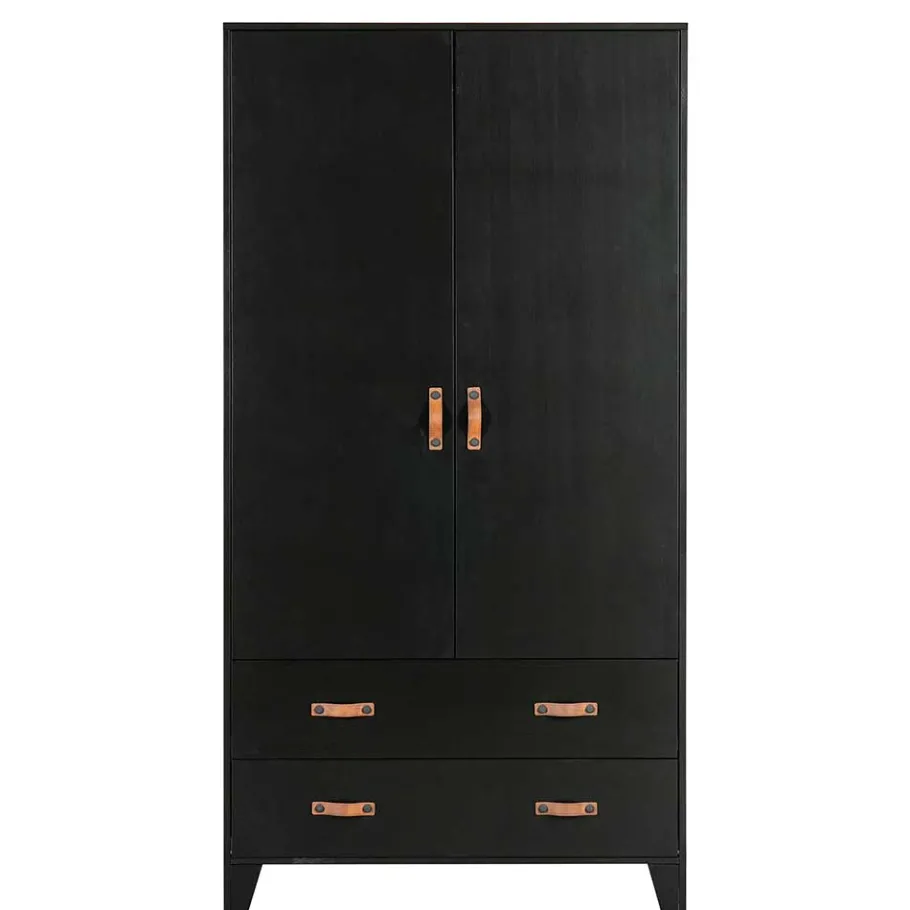 Outlet Wohnen Teilmassiver 94x180x40 Kiefernholz Kleiderschrank in Schwarz - Ilvessino