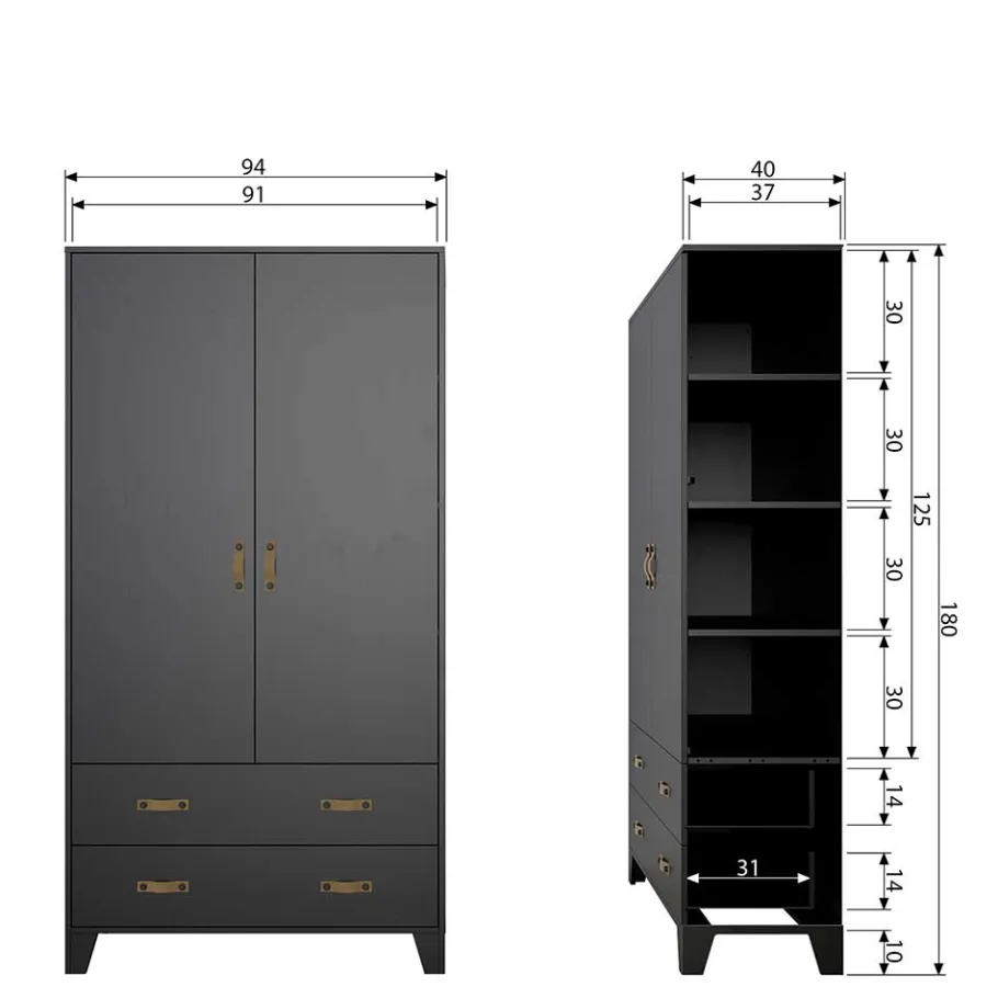 Outlet Wohnen Teilmassiver 94x180x40 Kiefernholz Kleiderschrank in Schwarz - Ilvessino