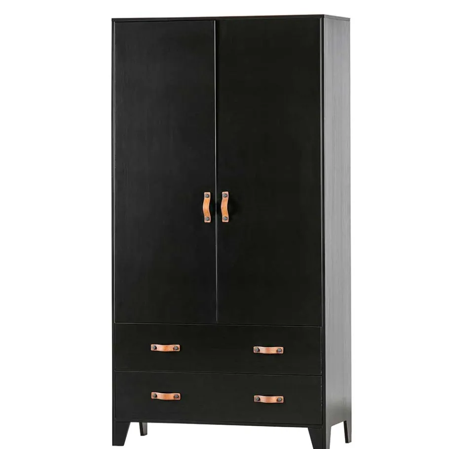 Outlet Wohnen Teilmassiver 94x180x40 Kiefernholz Kleiderschrank in Schwarz - Ilvessino