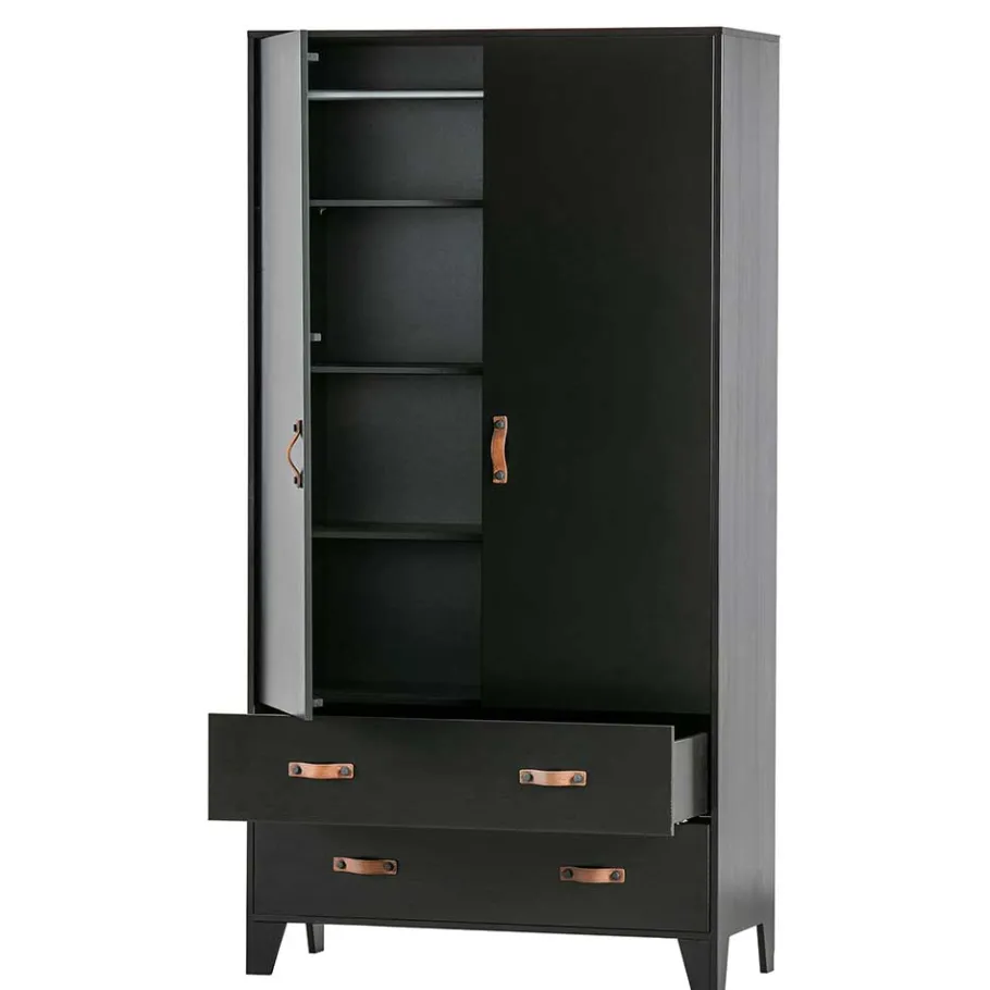 Outlet Wohnen Teilmassiver 94x180x40 Kiefernholz Kleiderschrank in Schwarz - Ilvessino