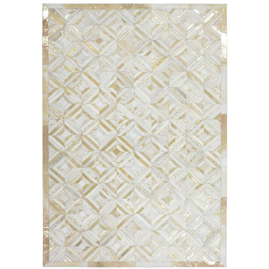 Outlet Wohnen Teppich aus Leder mit kurzem Fell in Creme & Gold - Meridus