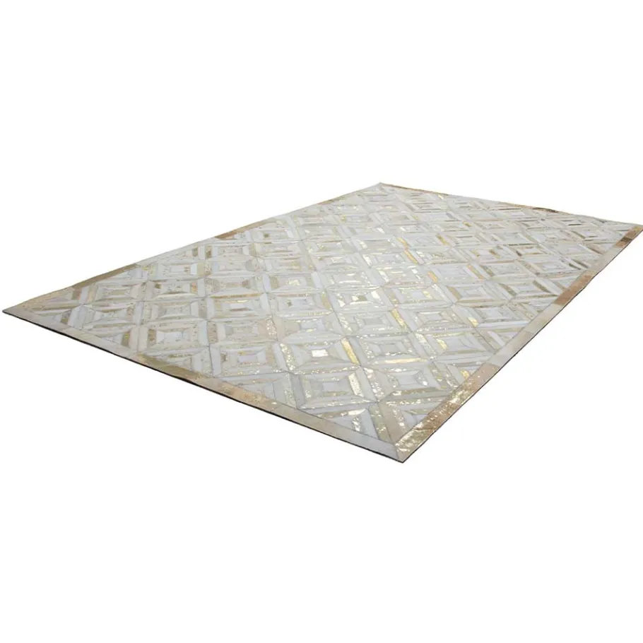 Outlet Wohnen Teppich aus Leder mit kurzem Fell in Creme & Gold - Meridus