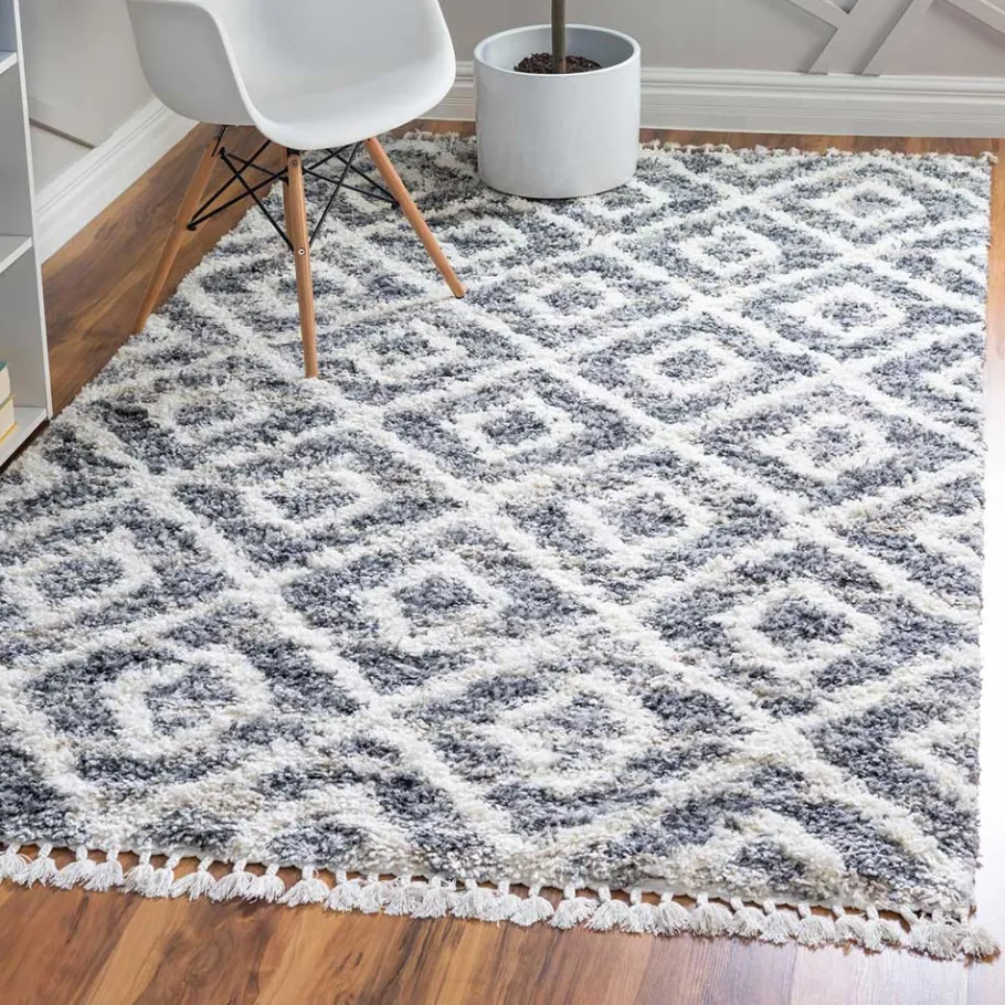 New Wohnen Teppich mit handgeflochtenen Fransen in Creme und Grau - Juwan