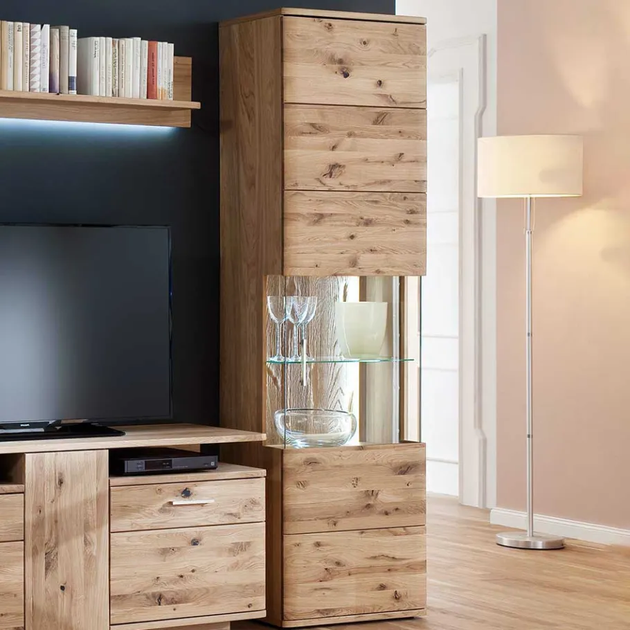 Outlet Wohnen 1-türige Schrank Vitrine aus Massivholz - Crokas