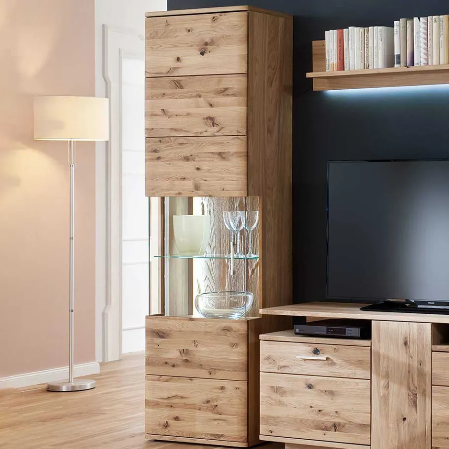 Outlet Wohnen 1-türige Schrank Vitrine aus Massivholz - Crokas