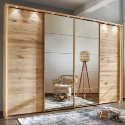 New Wohnen 4-türiger Schwebetürenschrank in Eiche Bianco - Brownie