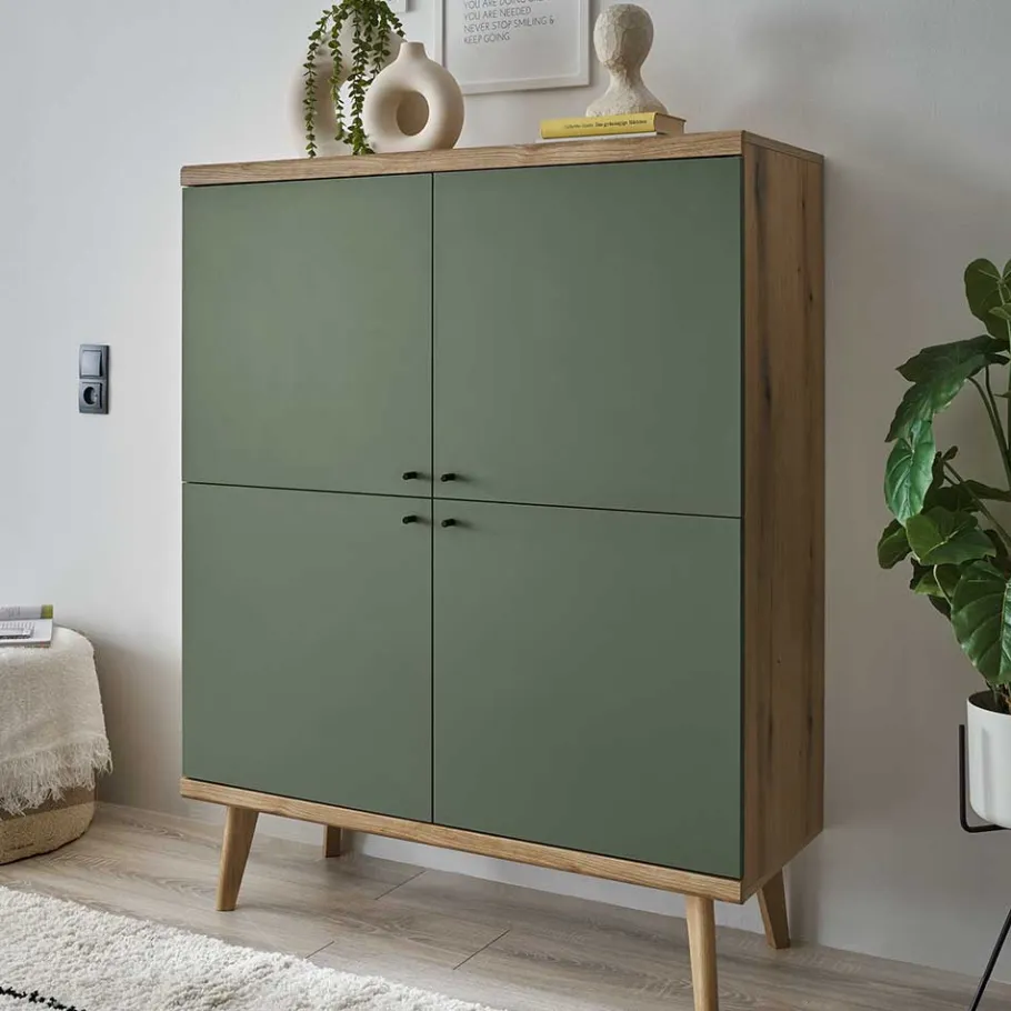 Best Wohnen 4-türiges Highboard in Graugrün und Wildeiche - Oliva