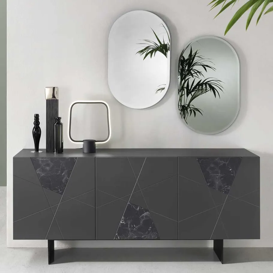 Outlet Wohnen 3-türiges Sideboard mit Marmor Einsätzen Schwarz - Wakes