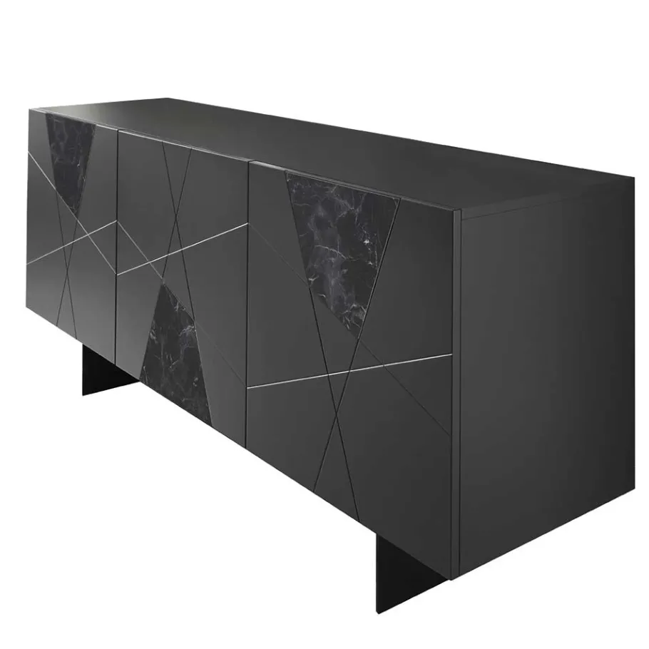 Outlet Wohnen 3-türiges Sideboard mit Marmor Einsätzen Schwarz - Wakes