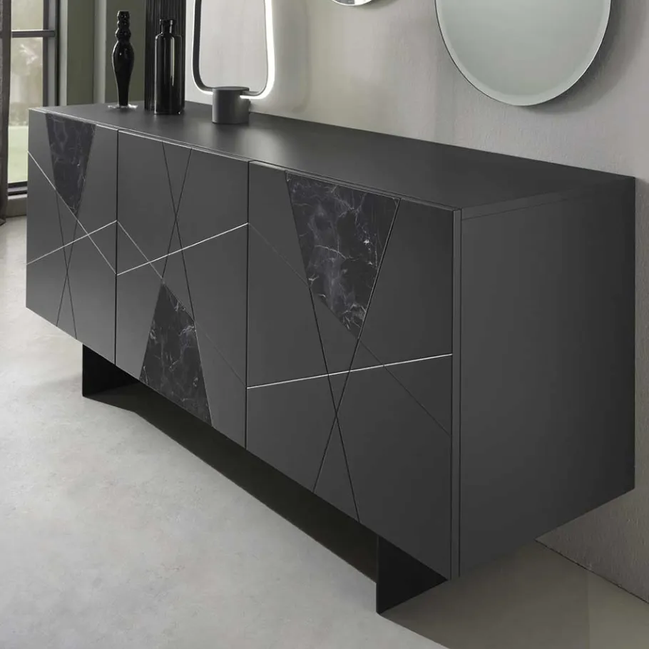 Outlet Wohnen 3-türiges Sideboard mit Marmor Einsätzen Schwarz - Wakes
