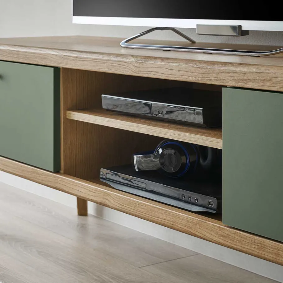 Discount Wohnen TV Lowboard in Graugrün und Wildeiche - Oliva