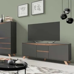 New Wohnen TV-Lowboard in Anthrazit mit Wildeiche - Operatiu