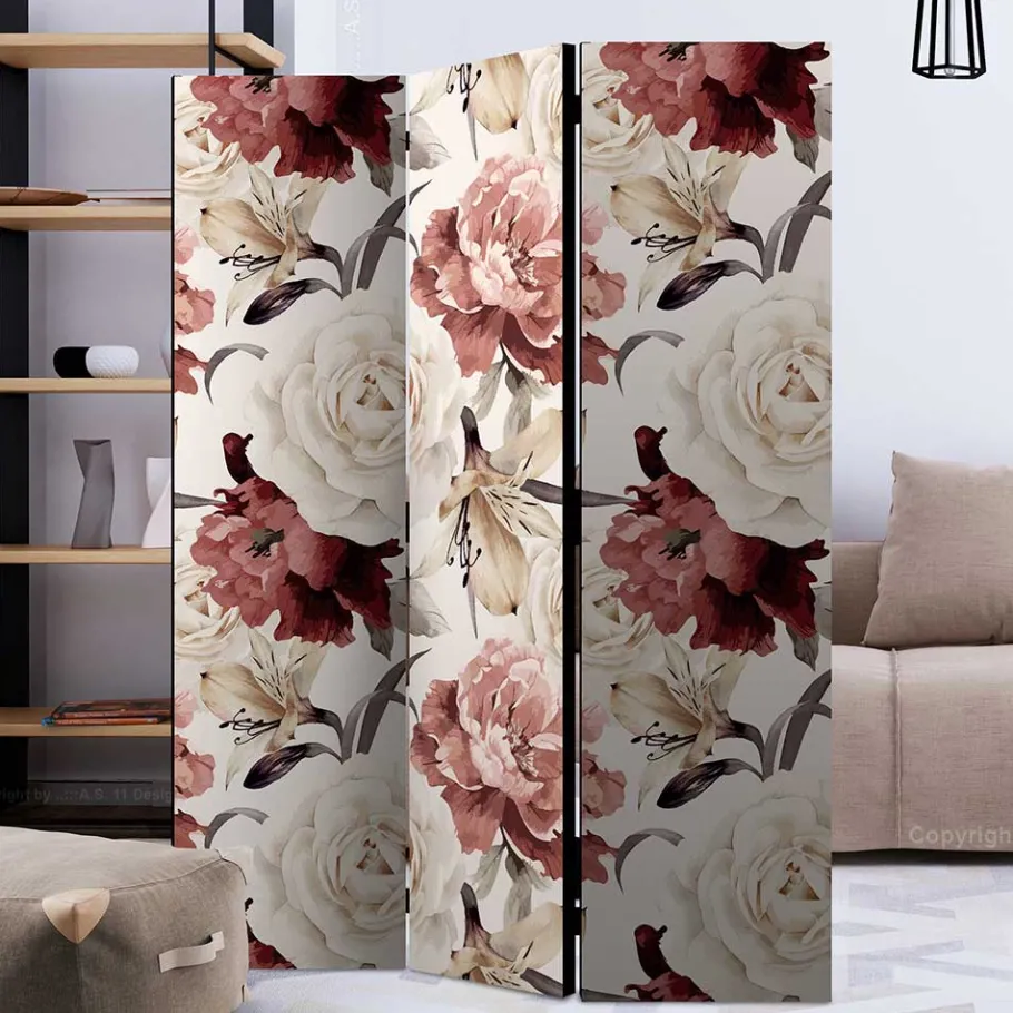 Wohnen Vintage Motiv Paravent mit Rosen in Rot Weiß - Vakuum