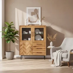 Outlet Wohnen Vitrine Highboard mit 3 Türen & Schubladen - Kerfa