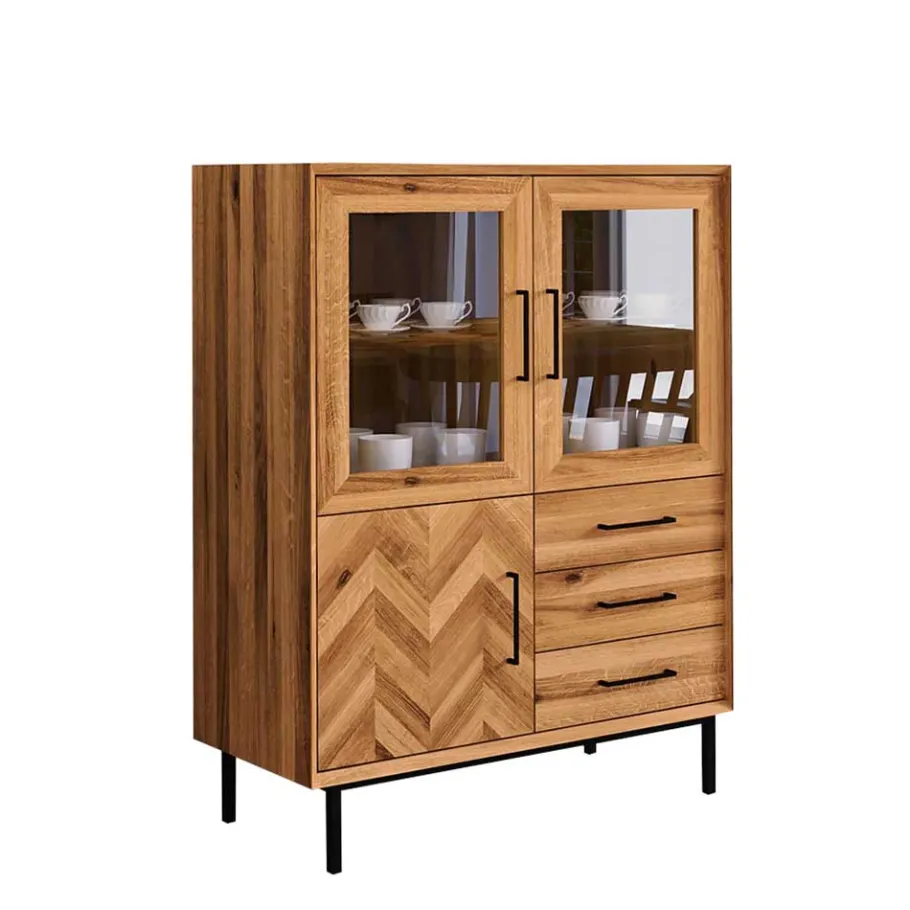Outlet Wohnen Vitrine Highboard mit 3 Türen & Schubladen - Kerfa