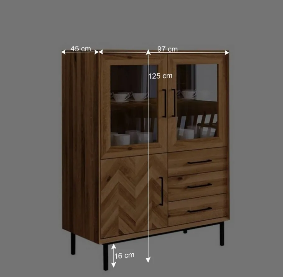 Outlet Wohnen Vitrine Highboard mit 3 Türen & Schubladen - Kerfa