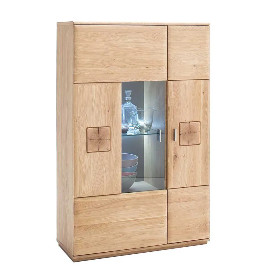 Online Wohnen Vitrine Highboard optional mit LED Pontros Eiche Bianco teilmassiv