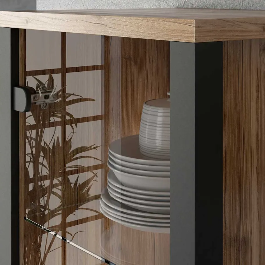 New Wohnen Vitrine in Fichte verwittert Dekor - Simeona