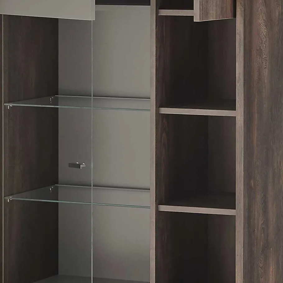 Outlet Wohnen Vitrine Schrank in Anthrazit und Eiche Dunkel - Mundo