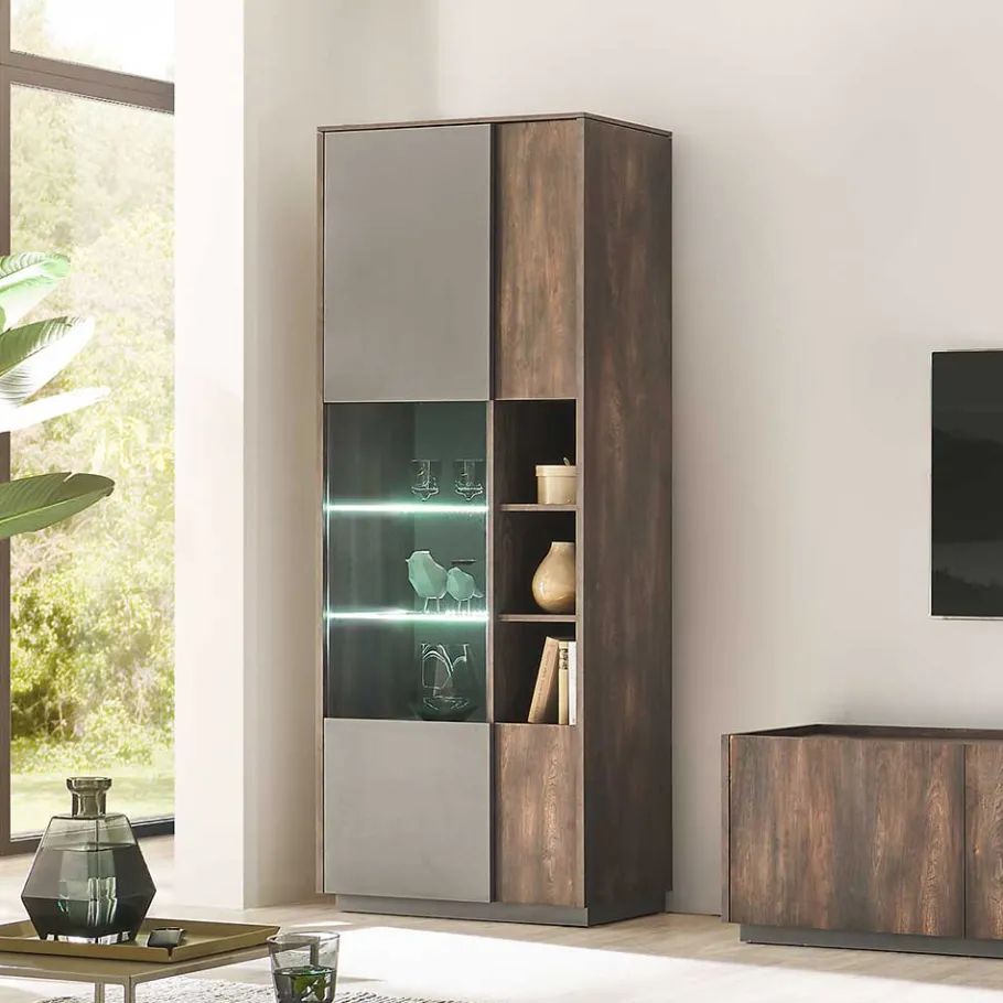 Outlet Wohnen Vitrine Schrank in Anthrazit und Eiche Dunkel - Mundo
