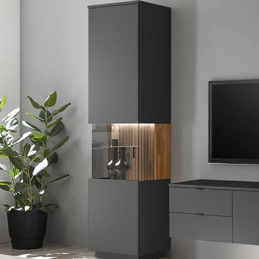 Sale Wohnen Vitrinenschrank in Anthrazit & Eiche Bianco - Cruzca