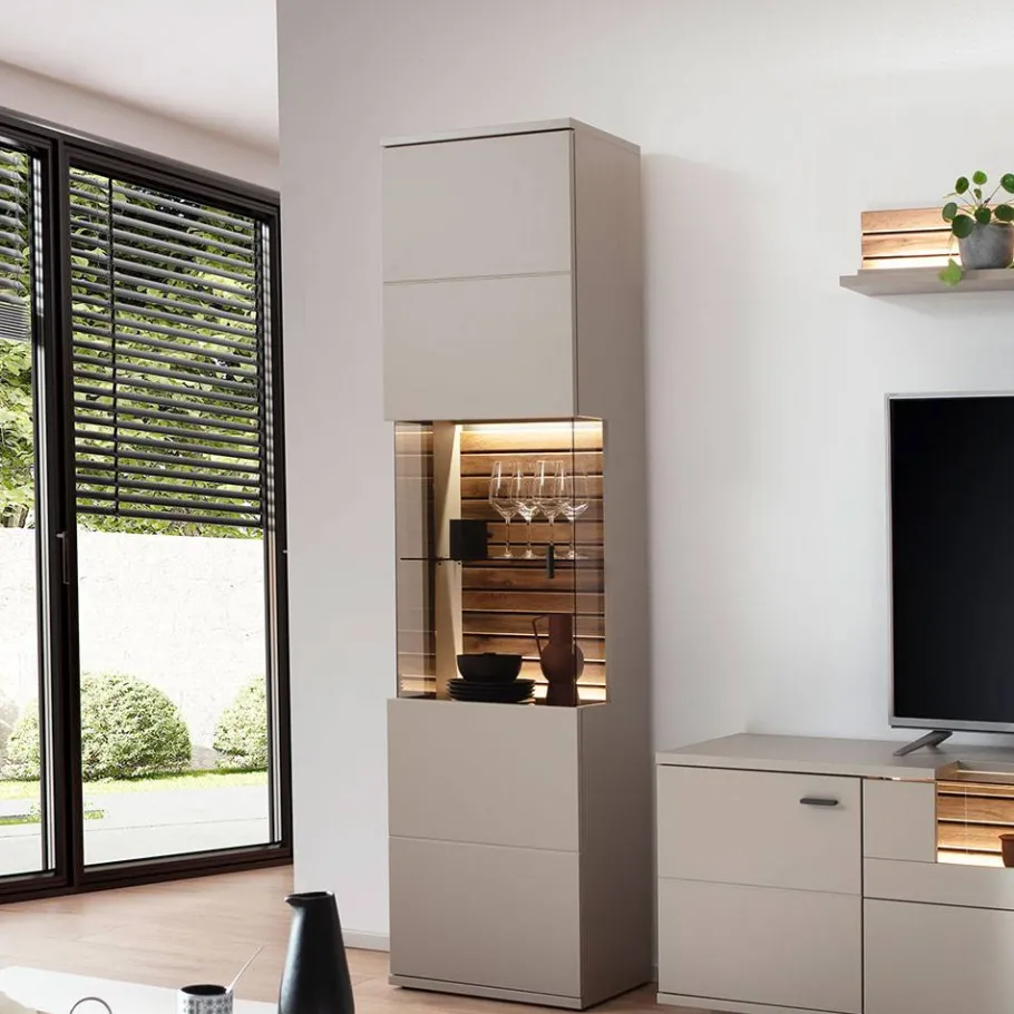 Hot Wohnen Vitrinenschrank in Grau mit Wildeiche - Teorina