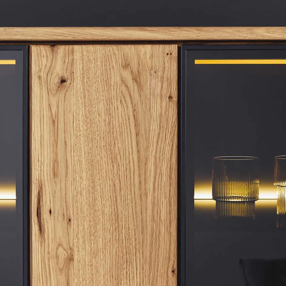 New Wohnen Vitrinenschrank in Wildeiche & Anthrazit - Flacona