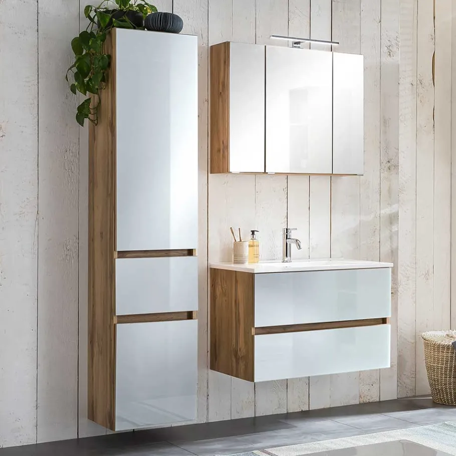 Discount Wohnen Waschtisch Möbel & Hochschrank Set - Vrendina (dreiteilig)