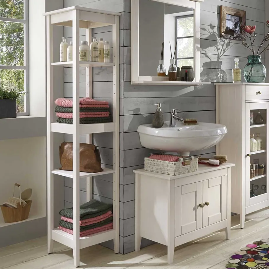 Sale Wohnen Weiß lasiertes Badezimmer Regal aus Kiefer massiv - Lousias