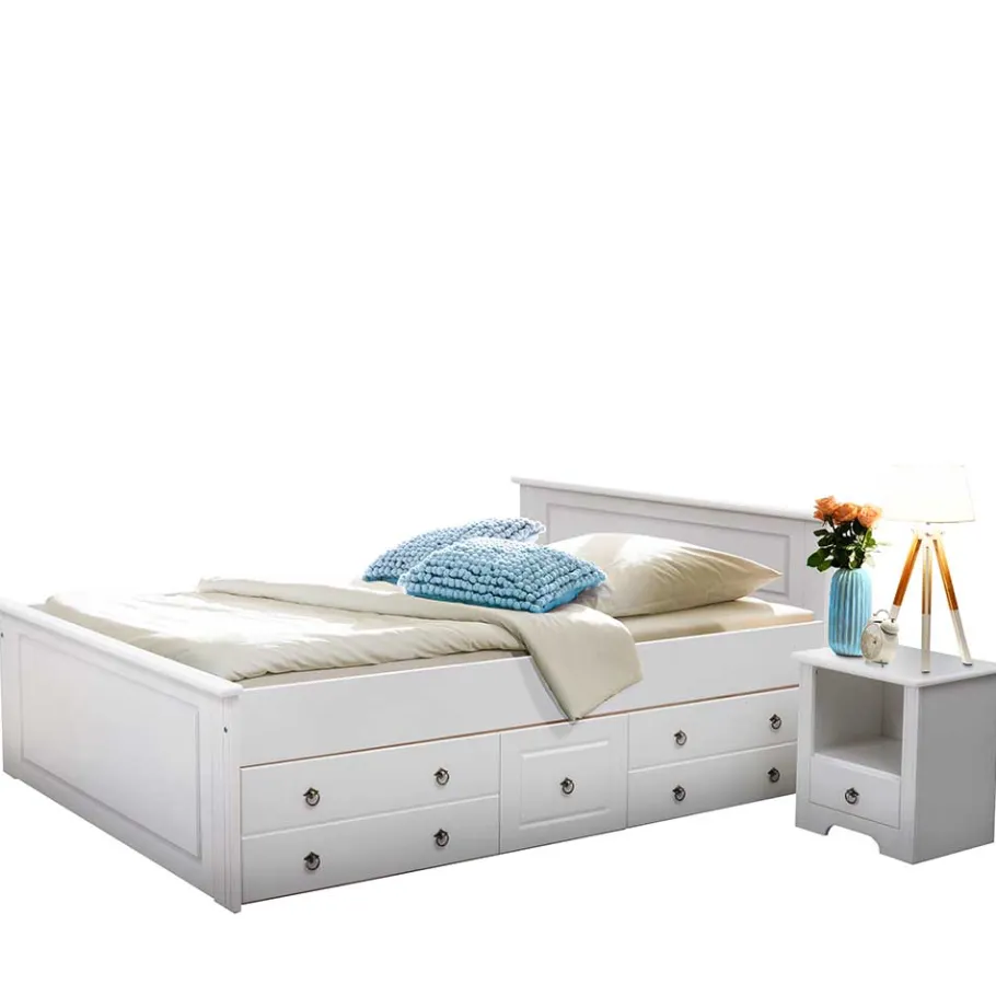 Hot Wohnen Weißes Bett & Nachttische - Velriva (dreiteilig)