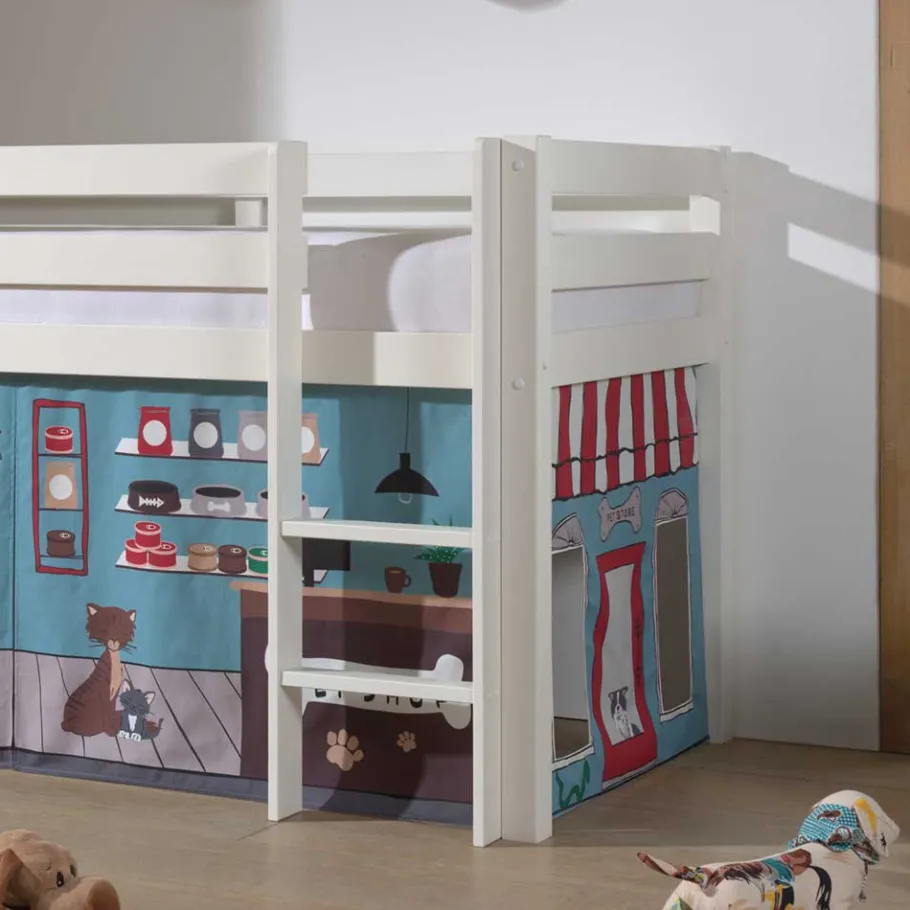 Outlet Wohnen Weißes Hochbett mit Spielvorhang Zooladen - Nadals