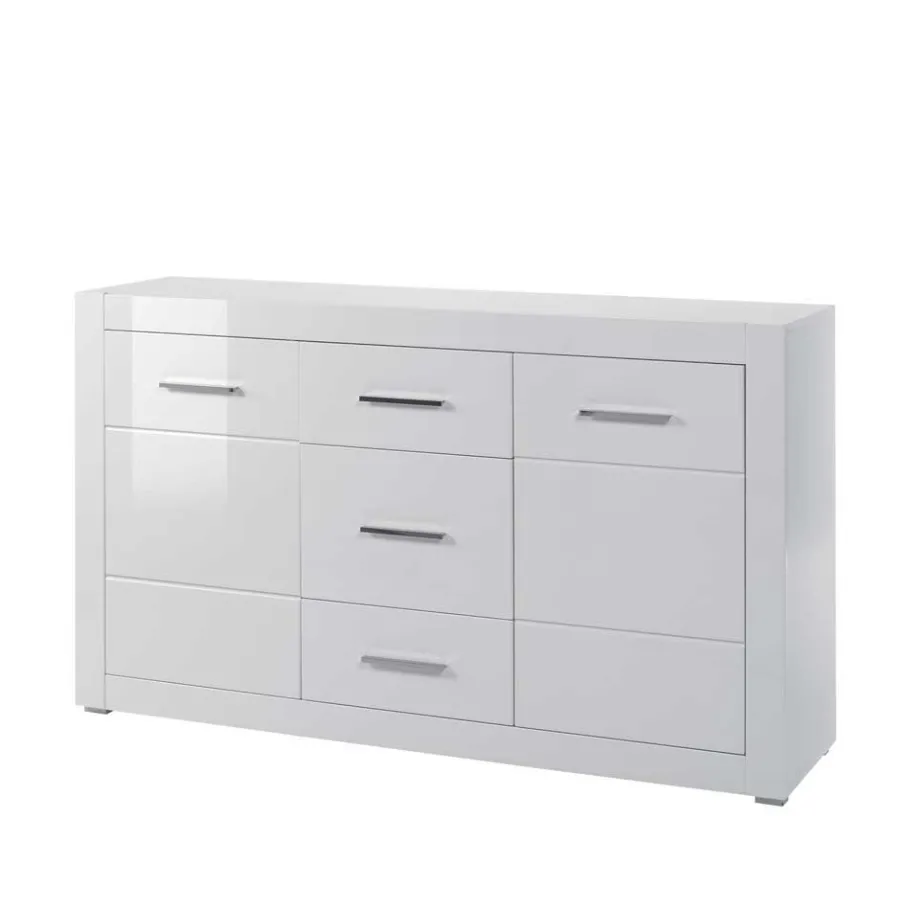 Wohnen Weißes Sideboard mit Hochglanz Front Yulis & Chrom Metallgriffen