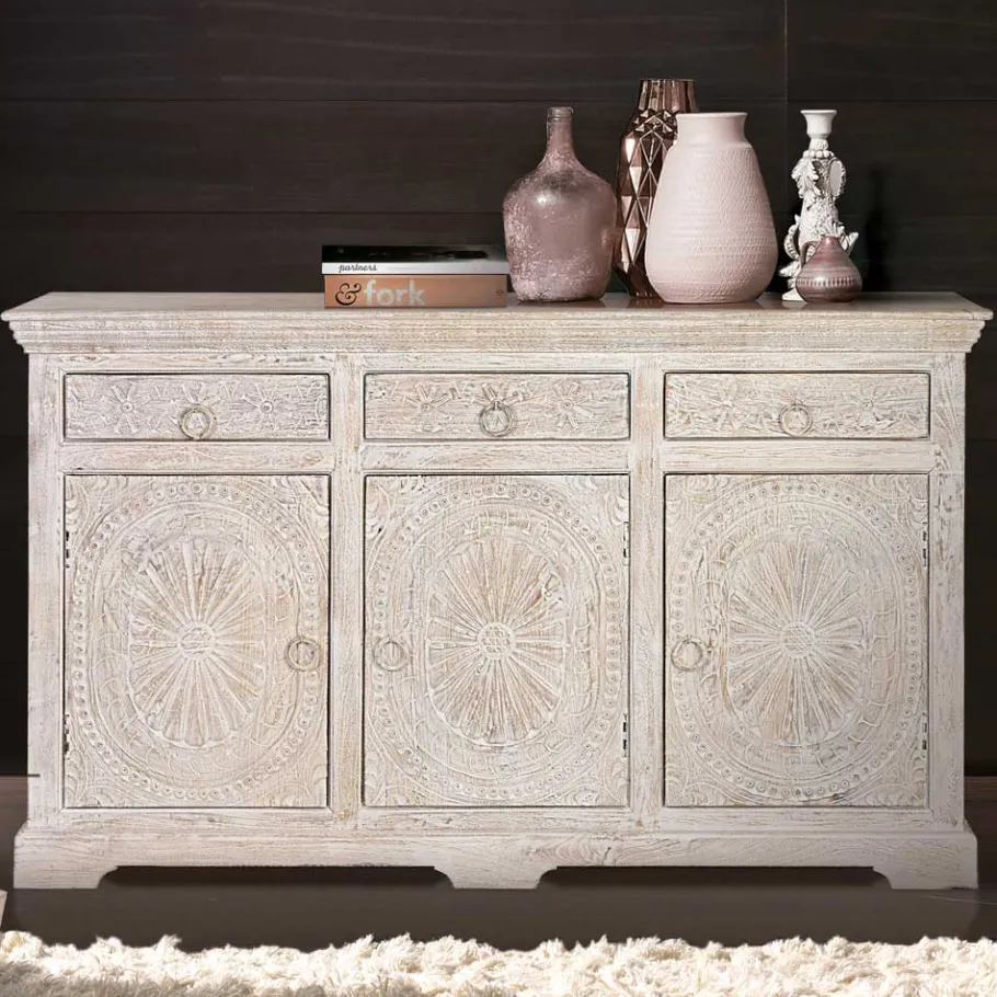 Sale Wohnen White Wash Sideboard mit Ornament Schnitzereien - Rusula