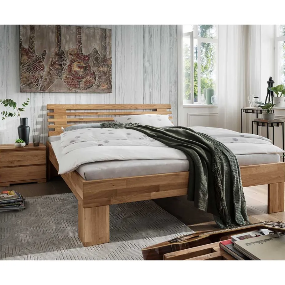 Outlet Wohnen Wildeiche Bett & Nachtkonsolen - Esvilda II (dreiteilig)