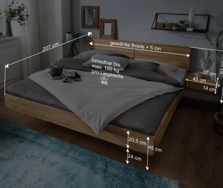 Best Wohnen Wildeiche Bett auf Schwebesockel - Manoz (dreiteilig)