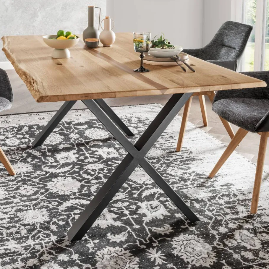Wohnen Wildeiche Naturkanten-Tisch mit X-Füßen - Lum