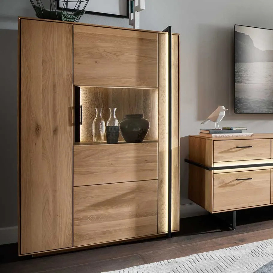 New Wohnen Wohnzimmer Vitrine aus Asteiche mit Metall - Clenza I