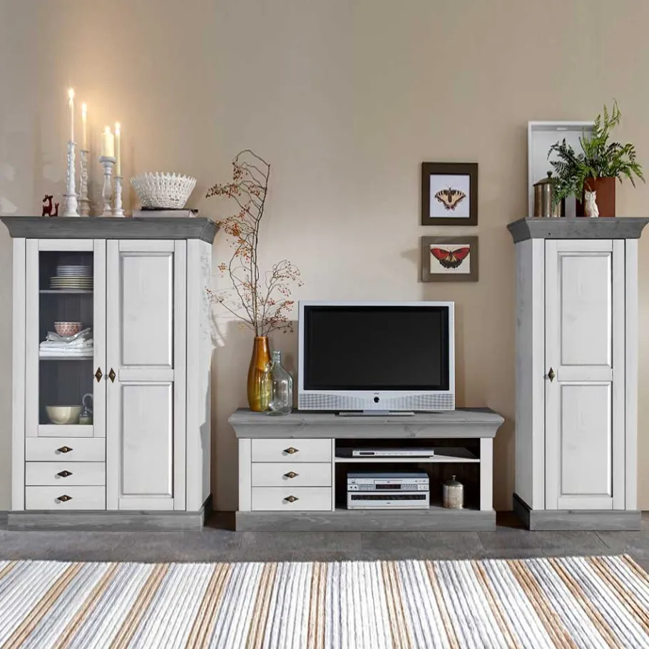 Outlet Wohnen Wohnzimmer Wohnwand Mirandesca in Weiß Grau teilmassiv (dreiteilig)